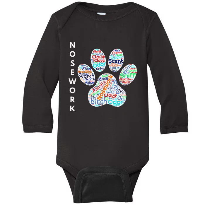 Fun Dog Scent Design Dog Nose Birch Clove Anise Wordcloud Baby Long Sleeve Bodysuit