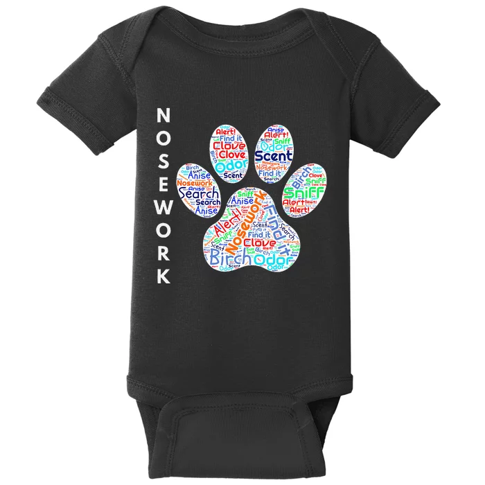 Fun Dog Scent Design Dog Nose Birch Clove Anise Wordcloud Baby Bodysuit