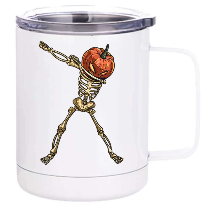 Funny Dabbing Skeleton Pumpkin Orange Lantern Print Gift Front & Back 12oz Stainless Steel Tumbler Cup