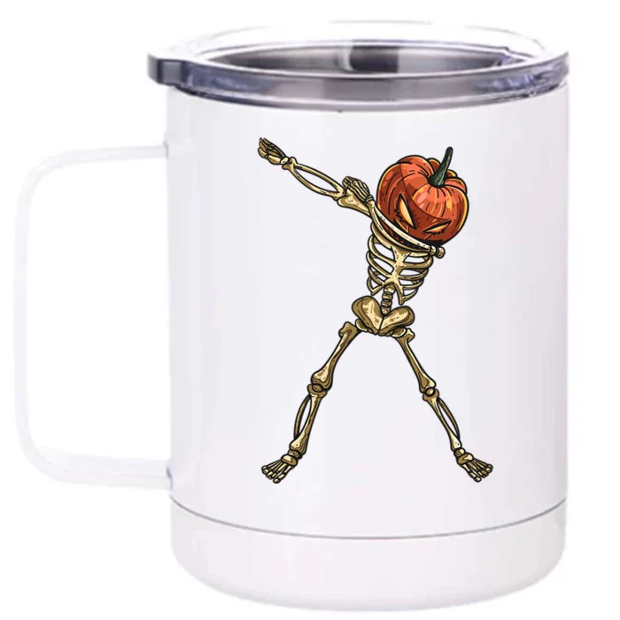 Funny Dabbing Skeleton Pumpkin Orange Lantern Print Gift Front & Back 12oz Stainless Steel Tumbler Cup