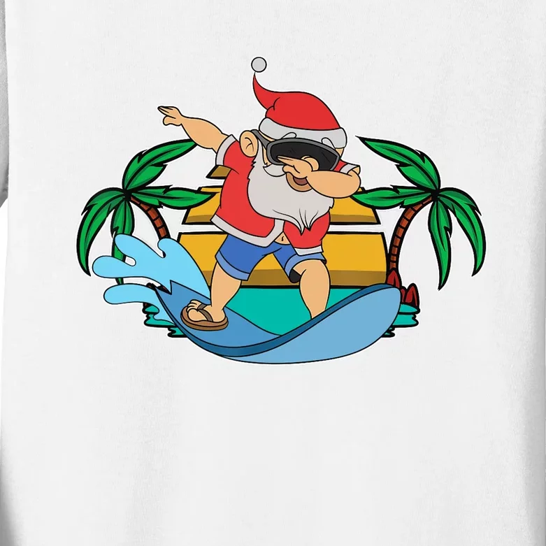 Funny Dabbing Santa Claus Surfing Summer Christmas In July Kids Long Sleeve Shirt