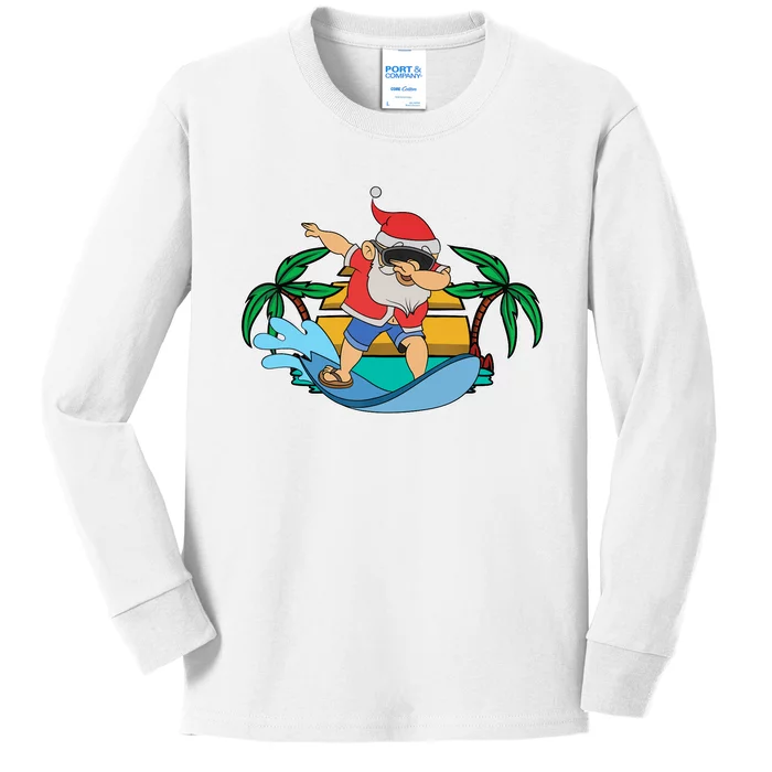 Funny Dabbing Santa Claus Surfing Summer Christmas In July Kids Long Sleeve Shirt