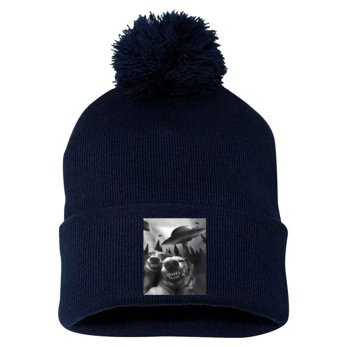 Funny Dogs Selfie With UFOs Pom Pom 12in Knit Beanie