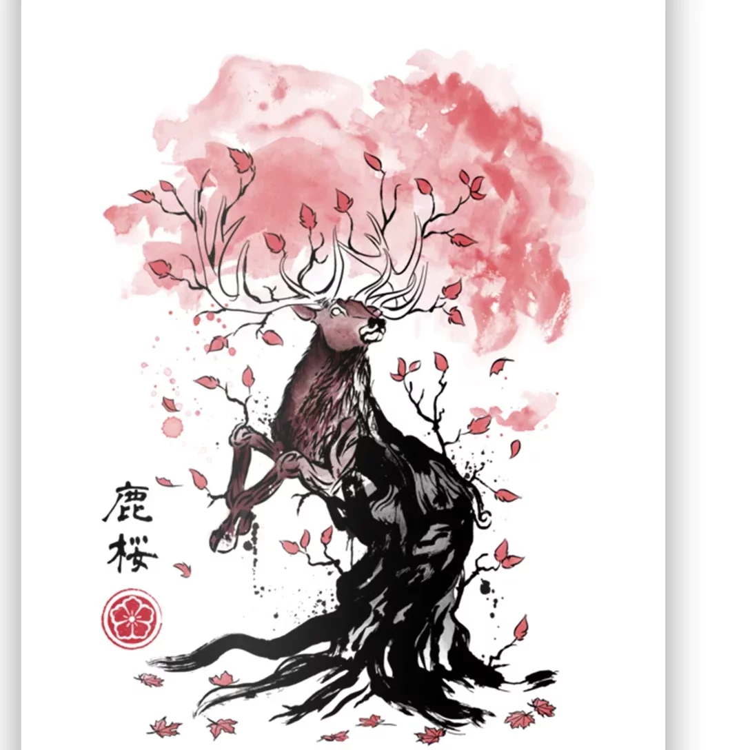 Fantasy Deer Tree Japanese Style Art Picture Painting Poster