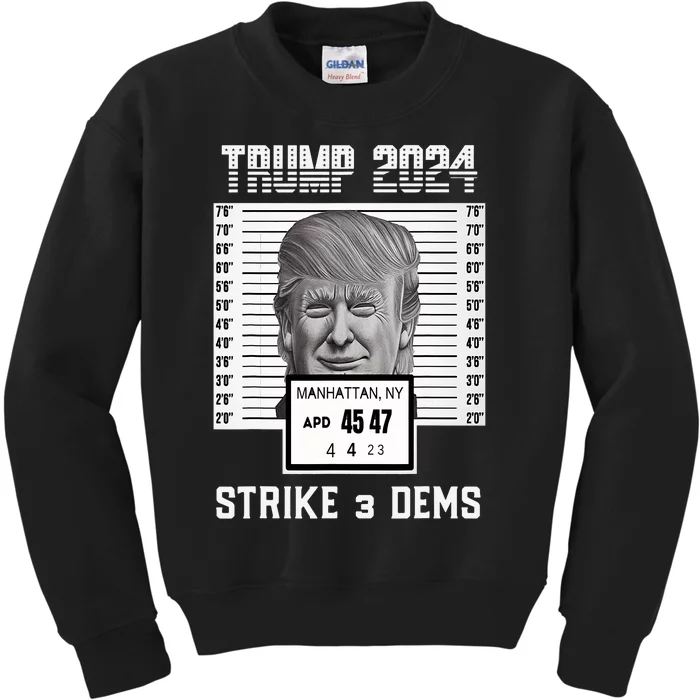 Free Donald Trump Mug Shot Strike 3 Dems Pro MAGA Apparel Kids Sweatshirt