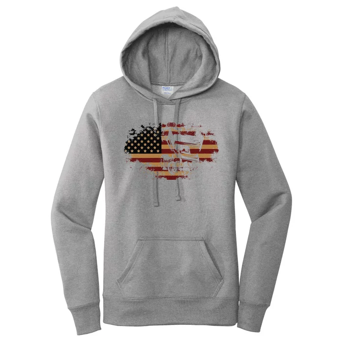 Funny Dirt Track Racing Sprint Car Vintage Usa American Flag Gift Women's Pullover Hoodie