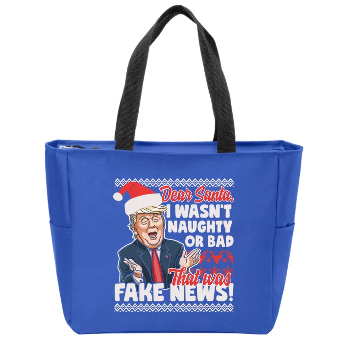 Funny Donald Trump Fake News Ugly Christmas Sweater Style Gift Zip Tote Bag