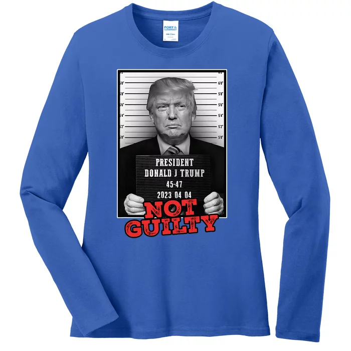 Funny Donald Trump Not Guilty Mug Shot Free Trump 2024 Ladies Long Sleeve Shirt