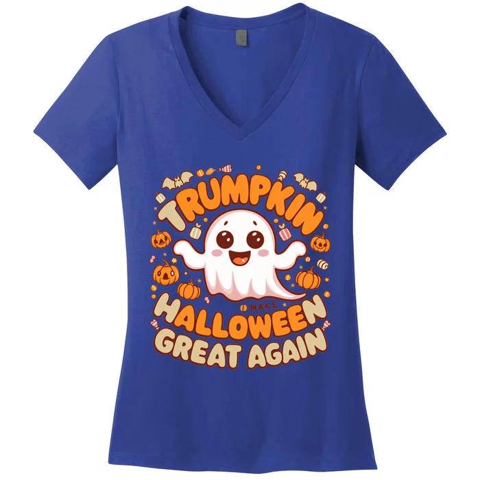 Funny Donald Trump Trumpkin Make Halloween Great Again Gift Women's V-Neck T-Shirt