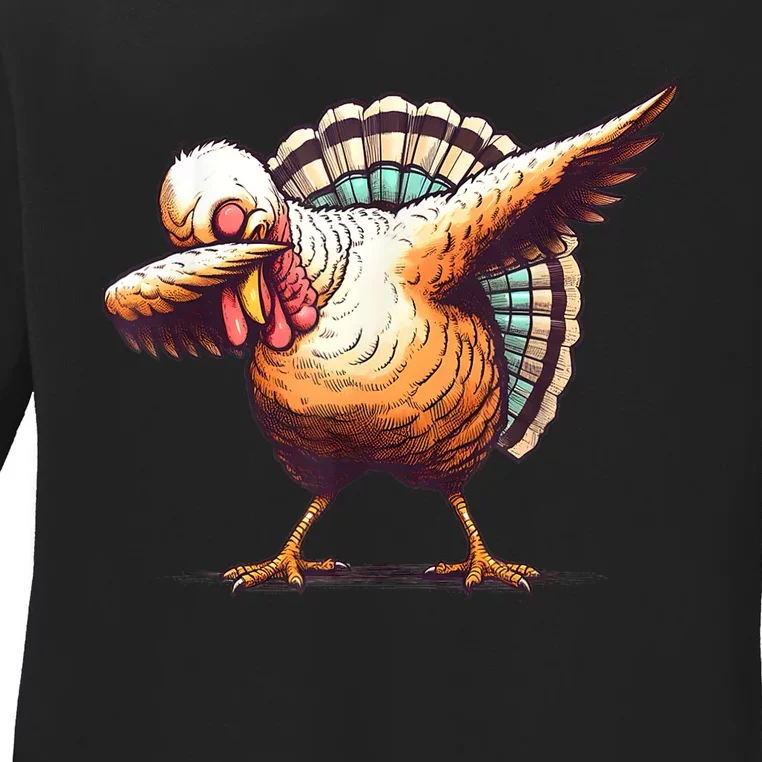 Funny Dabbing Turkey Thanksgiving Day Pilgrim Girls Dab Ladies Long Sleeve Shirt