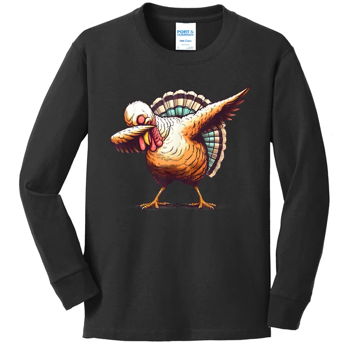 Funny Dabbing Turkey Thanksgiving Day Pilgrim Girls Dab Kids Long Sleeve Shirt