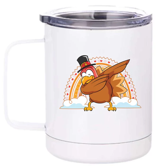 Funny Dabbing Turkey Festive Dinner Rainbow Blessed Turkey Gift Front & Back 12oz Stainless Steel Tumbler Cup