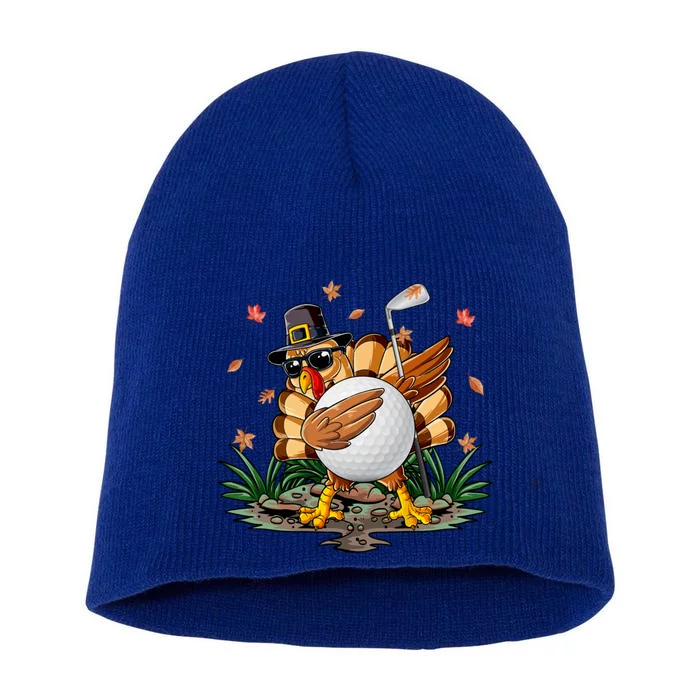 Funny Dabbing Turkey And Golf Ball Fall Vibes Thanksgiving Day Meaningful Gift Short Acrylic Beanie