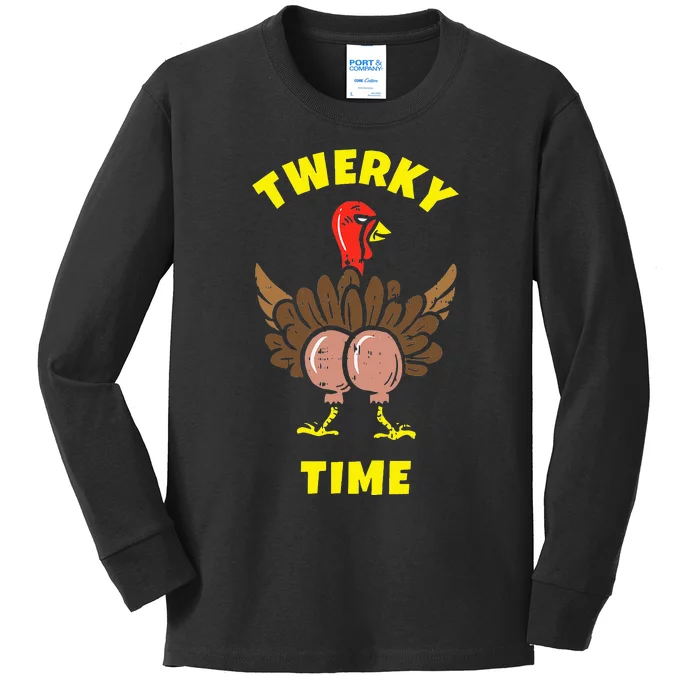 Funny Dancing Turkey Twerky Time Thanksgiving Joke Kids Long Sleeve Shirt