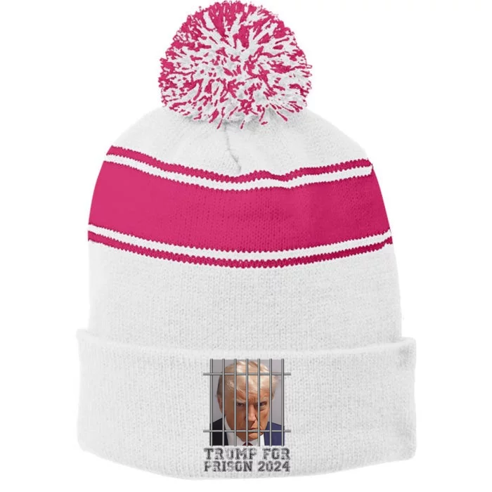 Funny Donald Trump Mugshot Parody Not Guilty Behind Bars Stripe Pom Pom Beanie