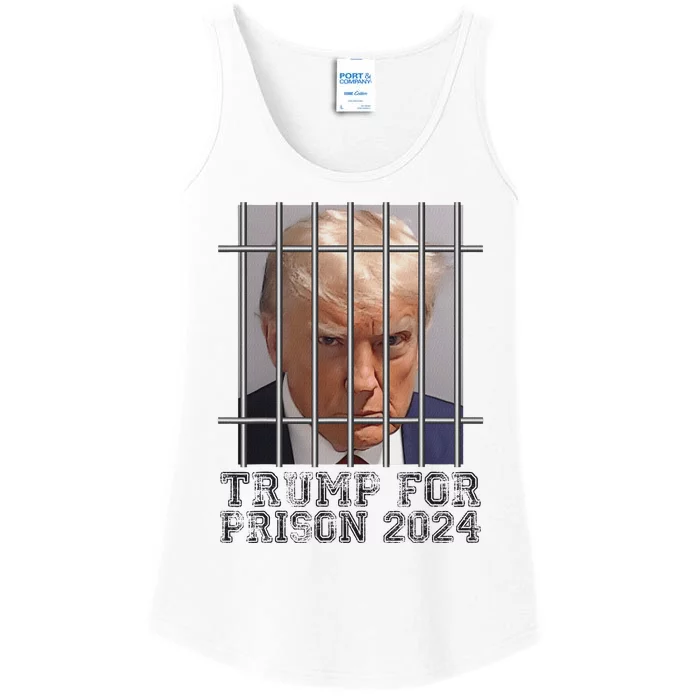 Funny Donald Trump Mugshot Parody Not Guilty Behind Bars Ladies Essential Tank