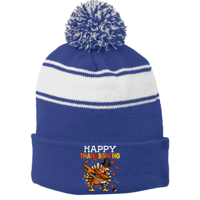 Funny Dabbing Turkey Hockey Player Happy Thanksgiving Cool Gift Stripe Pom Pom Beanie