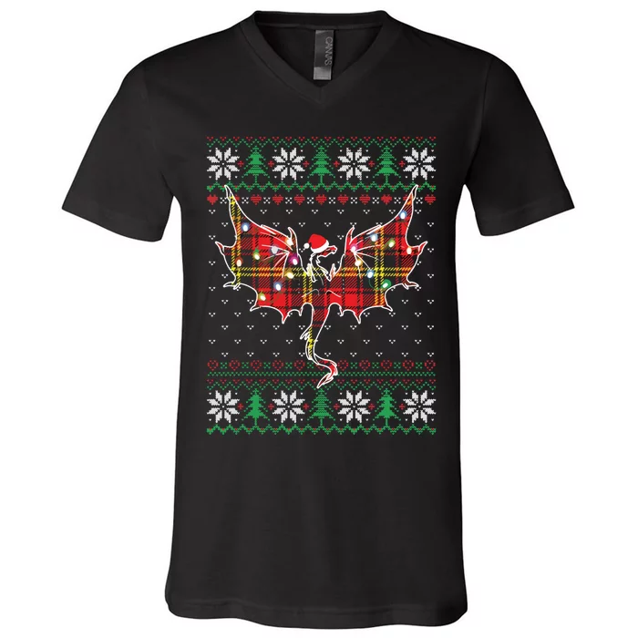 Funny Dragon Ugly Sweater Christmas Lights Dragon Lover V-Neck T-Shirt