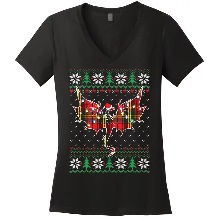 Funny Dragon Ugly Sweater Christmas Lights Dragon Lover Women's V-Neck T-Shirt