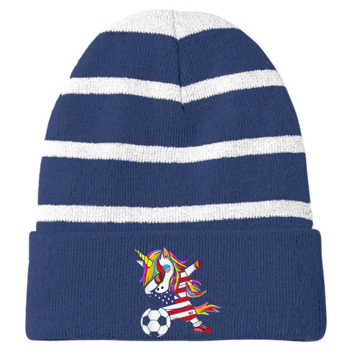 Funny Dabbing Unicorn Usa Soccer Usa Flag Soccer Striped Beanie with Solid Band