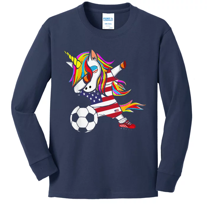 Funny Dabbing Unicorn Usa Soccer Usa Flag Soccer Kids Long Sleeve Shirt