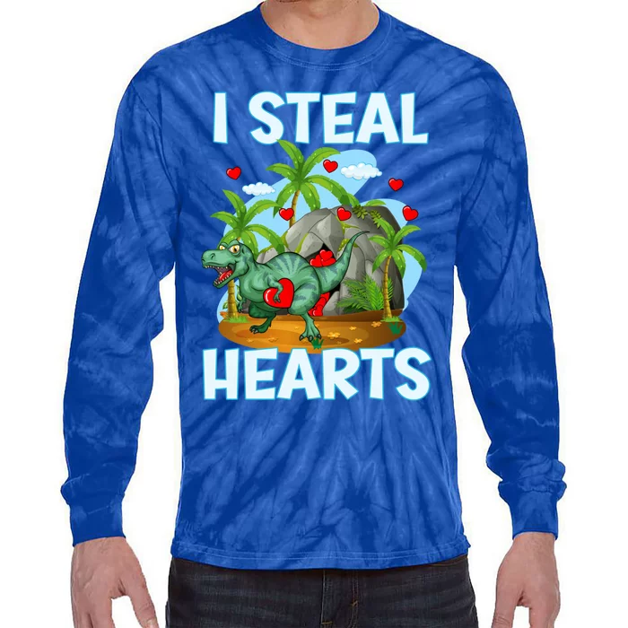 Funny Dinosaur Valentines Day Steal Hearts Funny Gift Tie-Dye Long Sleeve Shirt