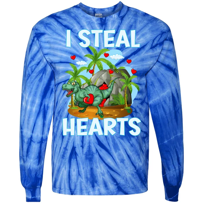 Funny Dinosaur Valentines Day Steal Hearts Funny Gift Tie-Dye Long Sleeve Shirt