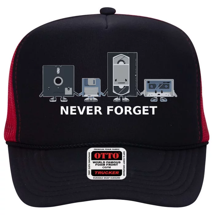 Floppy Disk Vhs Cassette Never Forget Geek History High Crown Mesh Trucker Hat