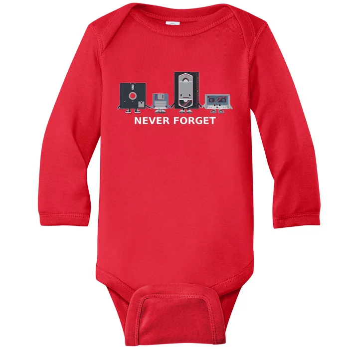 Floppy Disk Vhs Cassette Never Forget Geek History Baby Long Sleeve Bodysuit