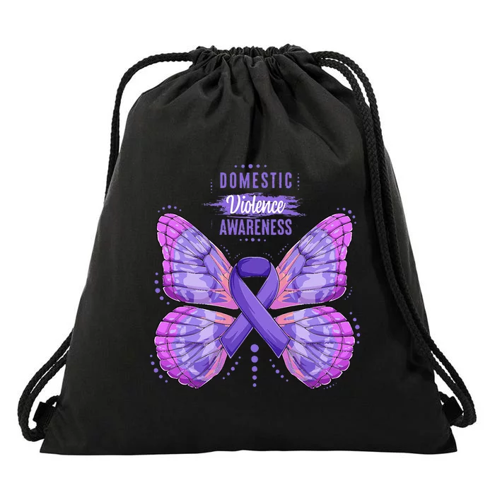 Family Domestic Violence Awareness Purple Ribbon butterfly Drawstring Bag