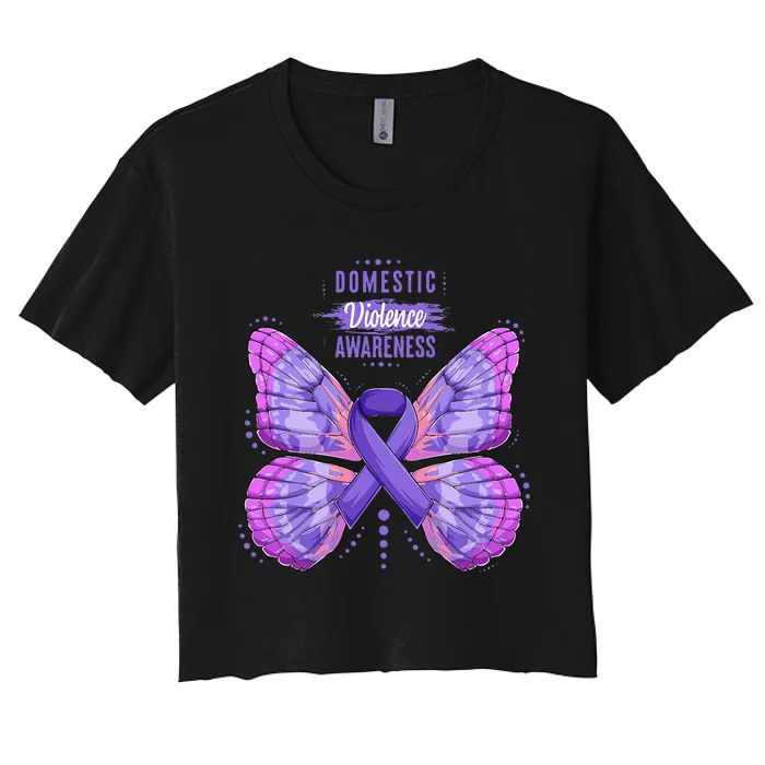 Family Domestic Violence Awareness Purple Ribbon butterfly Women's Crop Top Tee