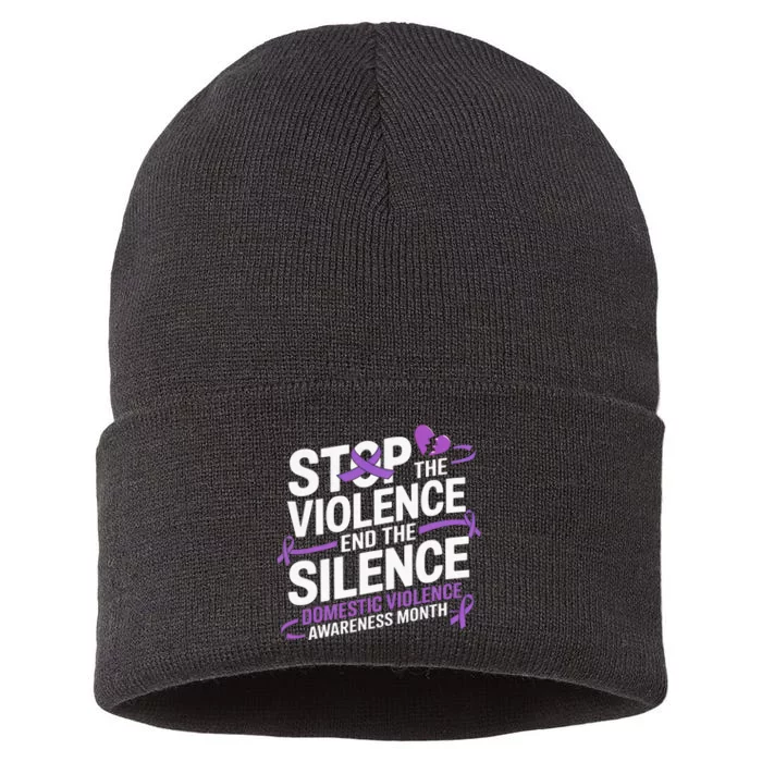 Family Domestic Violence Awareness Month Purple Ribbon Sustainable Knit Beanie