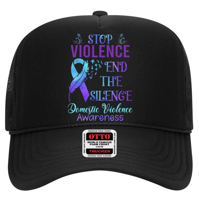 Family Domestic Violence Awareness Purple Ribbon High Crown Mesh Trucker Hat