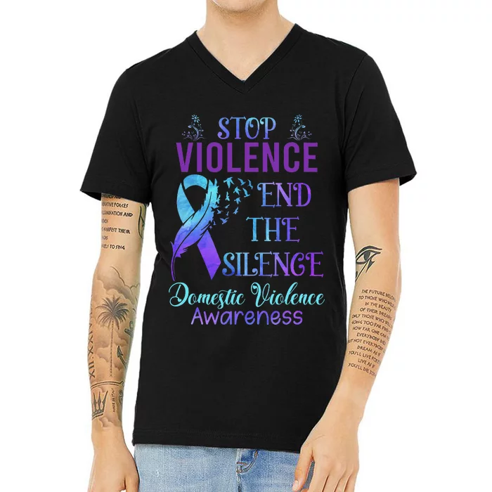 Family Domestic Violence Awareness Purple Ribbon V-Neck T-Shirt