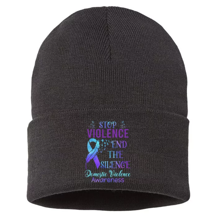 Family Domestic Violence Awareness Purple Ribbon Sustainable Knit Beanie