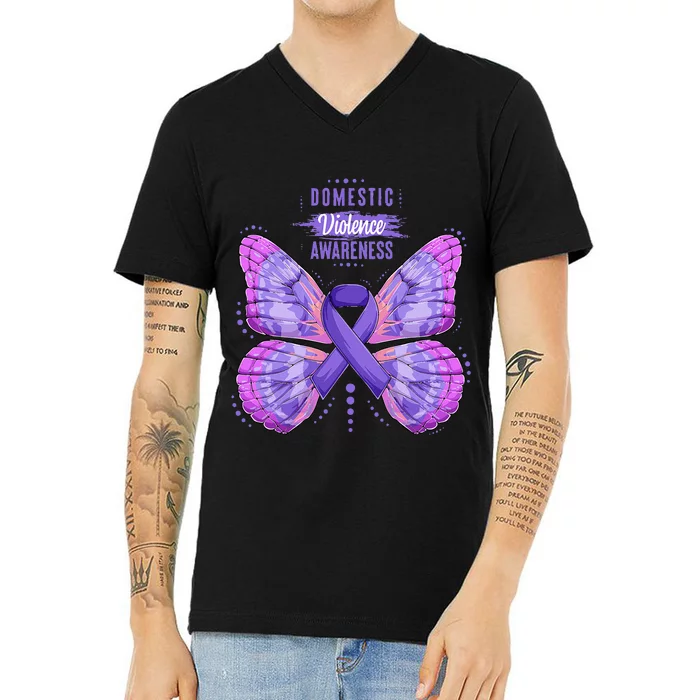 Family Domestic Violence Awareness Purple Ribbon Butterfly V-Neck T-Shirt