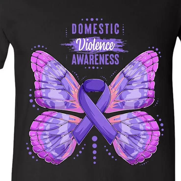 Family Domestic Violence Awareness Purple Ribbon Butterfly V-Neck T-Shirt