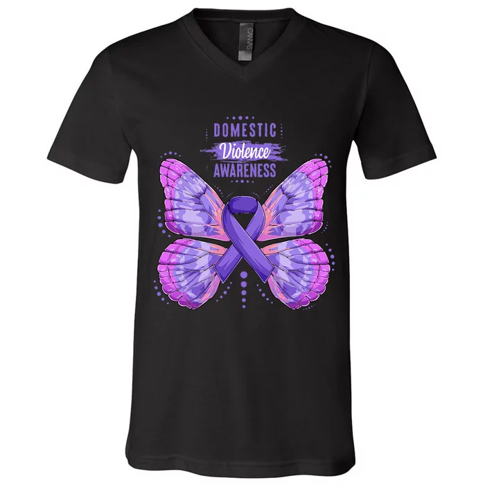 Family Domestic Violence Awareness Purple Ribbon Butterfly V-Neck T-Shirt