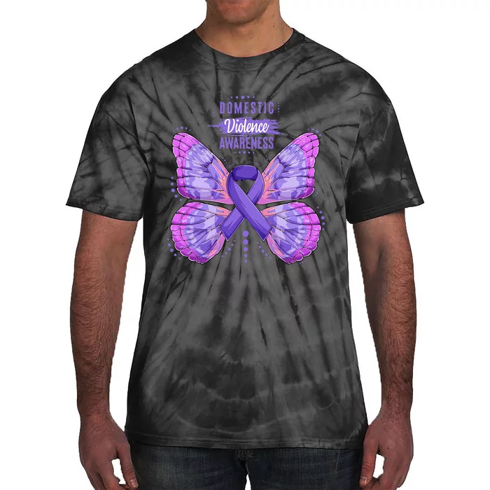 Family Domestic Violence Awareness Purple Ribbon Butterfly Tie-Dye T-Shirt