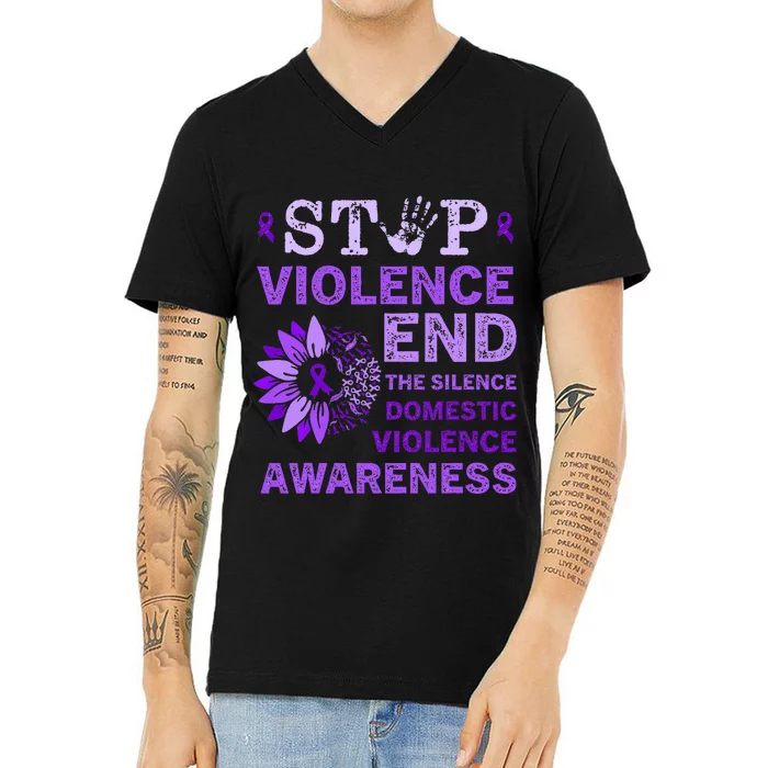 Family Domestic Violence Awareness Purple Ribbon V-Neck T-Shirt