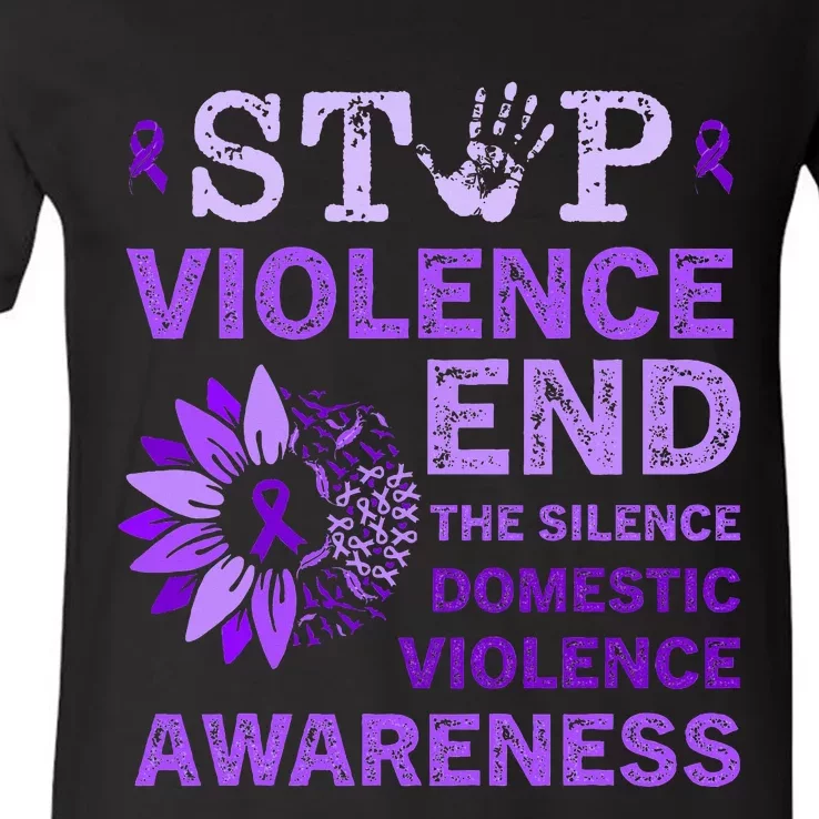 Family Domestic Violence Awareness Purple Ribbon V-Neck T-Shirt