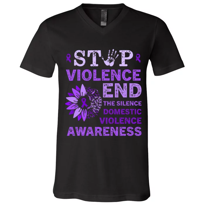 Family Domestic Violence Awareness Purple Ribbon V-Neck T-Shirt