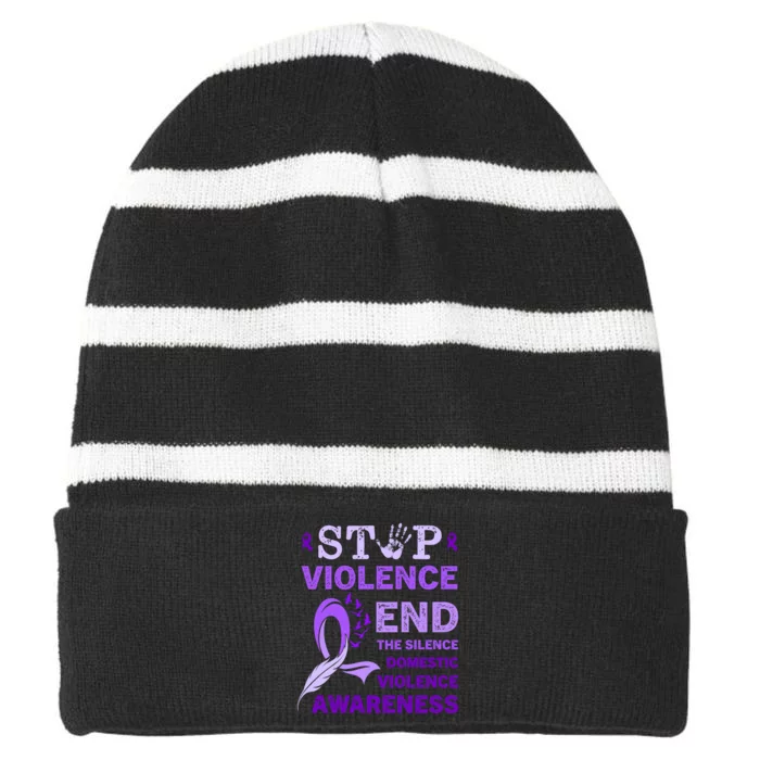 Family Domestic Violence Awareness Purple Ribbon Striped Beanie with Solid Band