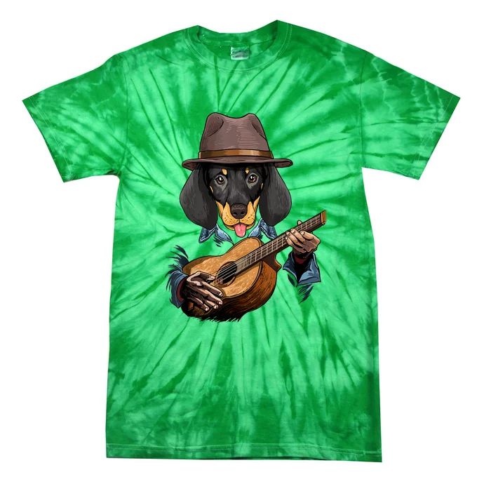 Funny Dachshund Weiner Dog Playing Guitar Dog Lover Gift Tie-Dye T-Shirt