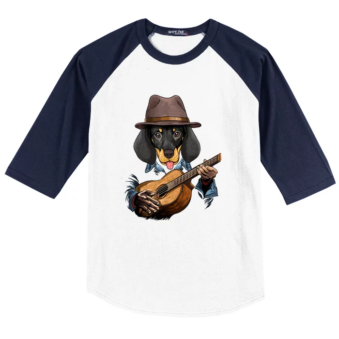 Funny Dachshund Weiner Dog Playing Guitar Dog Lover Gift Baseball Sleeve Shirt