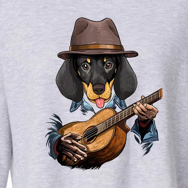 Funny Dachshund Weiner Dog Playing Guitar Dog Lover Gift Cropped Pullover Crew