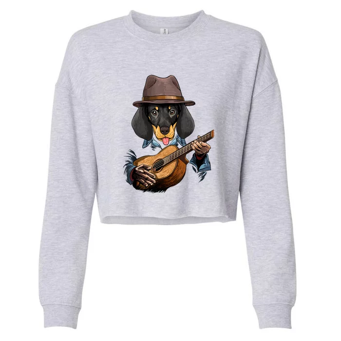 Funny Dachshund Weiner Dog Playing Guitar Dog Lover Gift Cropped Pullover Crew