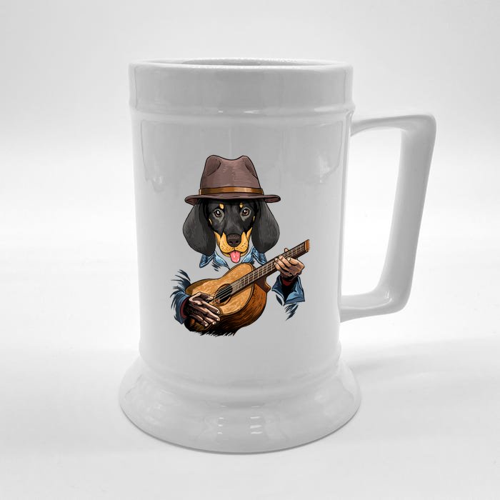 Funny Dachshund Weiner Dog Playing Guitar Dog Lover Gift Front & Back Beer Stein