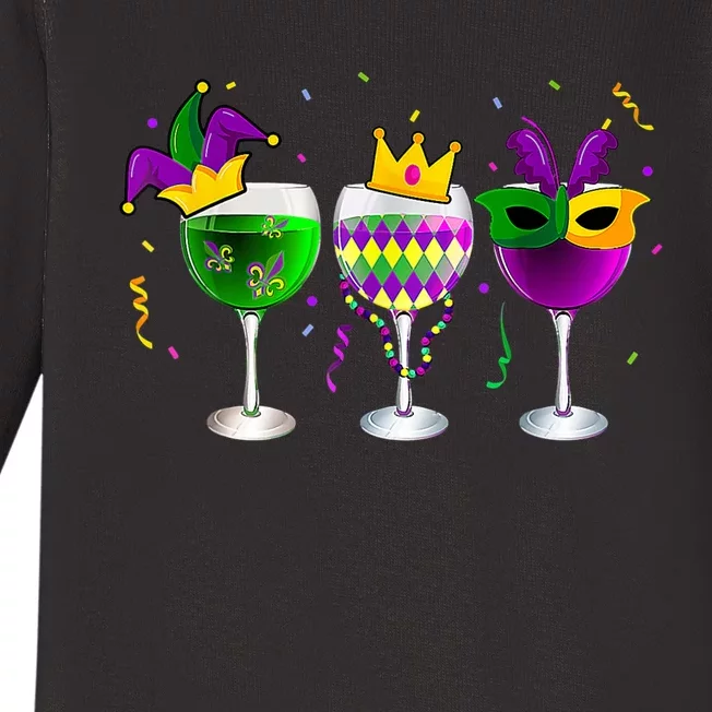 Funny Drinking Wine Mardi Gras Glass Of Wine Baby Long Sleeve Bodysuit