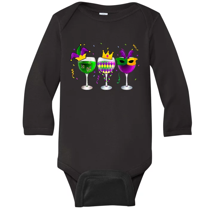 Funny Drinking Wine Mardi Gras Glass Of Wine Baby Long Sleeve Bodysuit